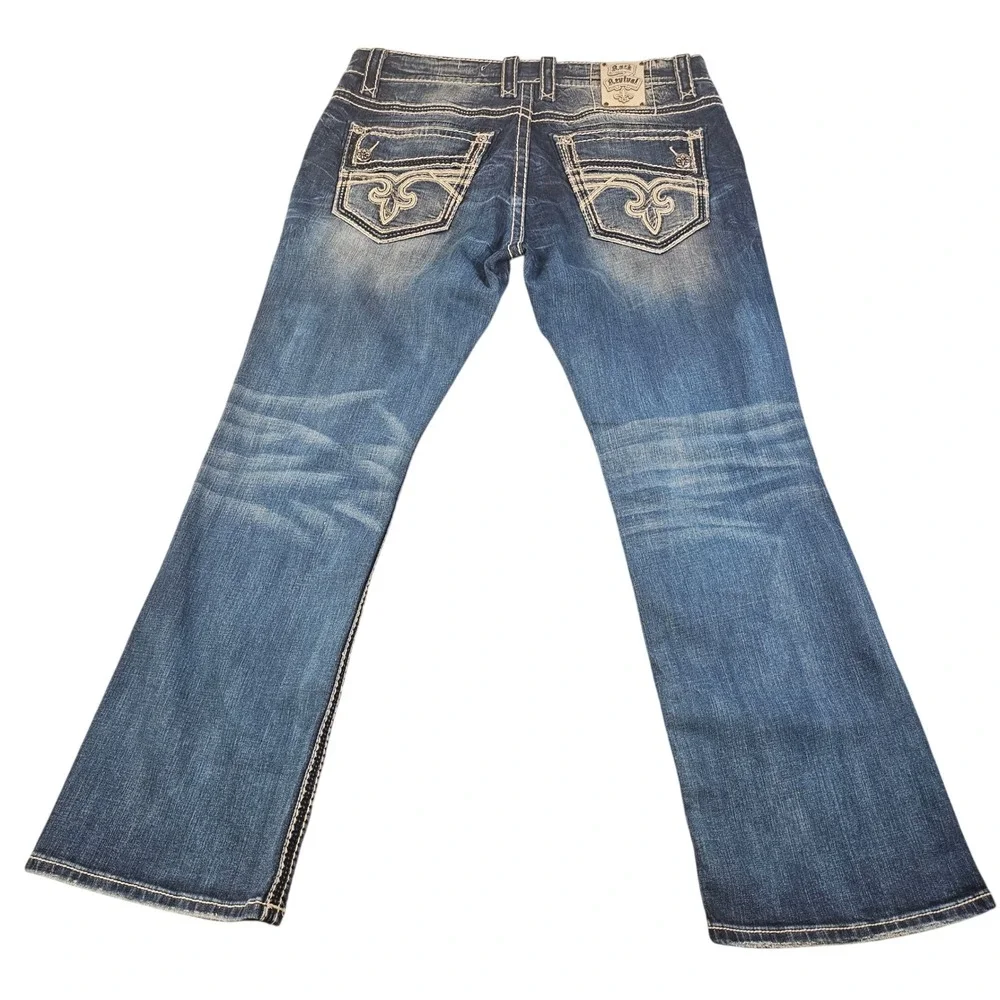 Rock Revival Mannix Bootcut Jeans Mens 38 Dark Wash Heavy Stitch E6510BL Blue